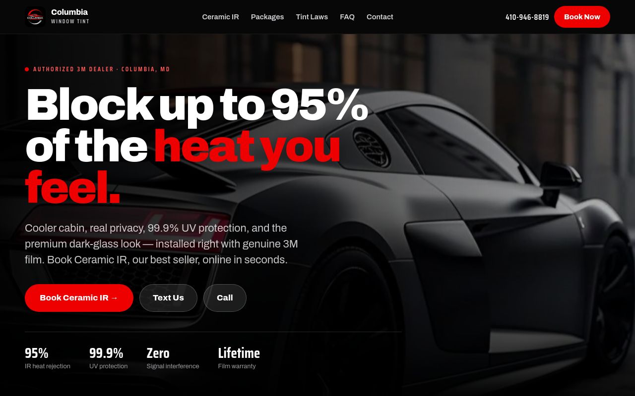 Homepage of Columbia Window Tint-Premium Ceramic Tinting Maryland's website