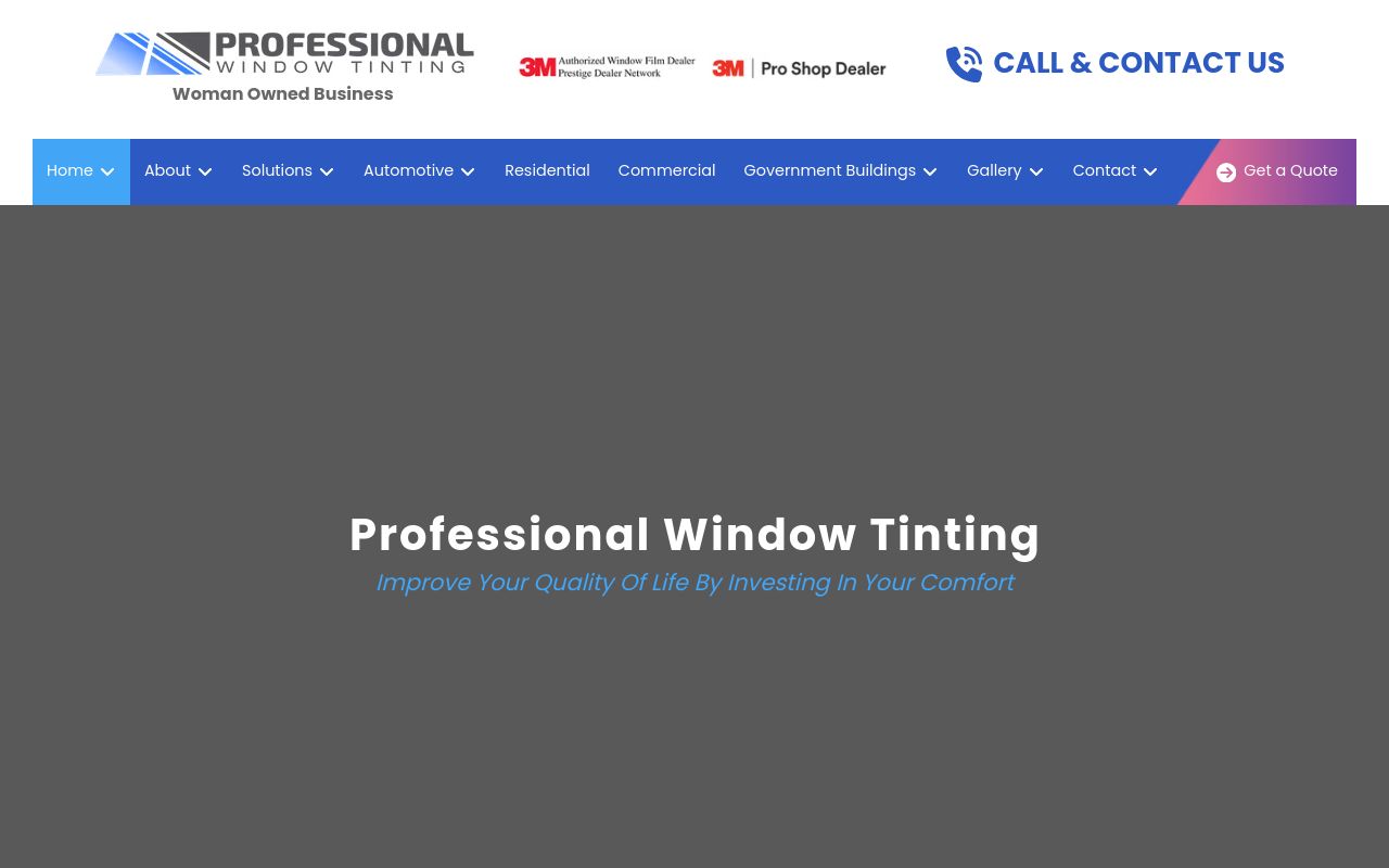Homepage of Professional Window Tinting, Inc.'s website