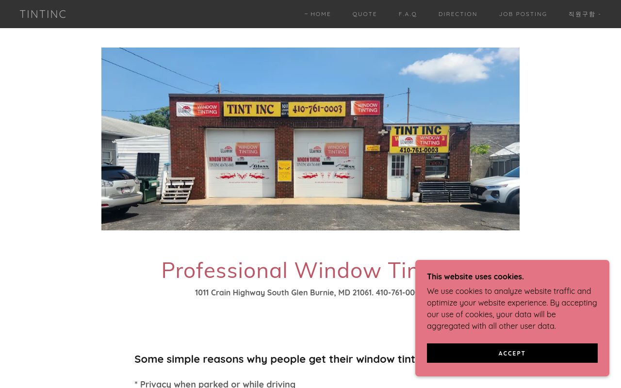 Homepage of Tintinc Window tinting's website