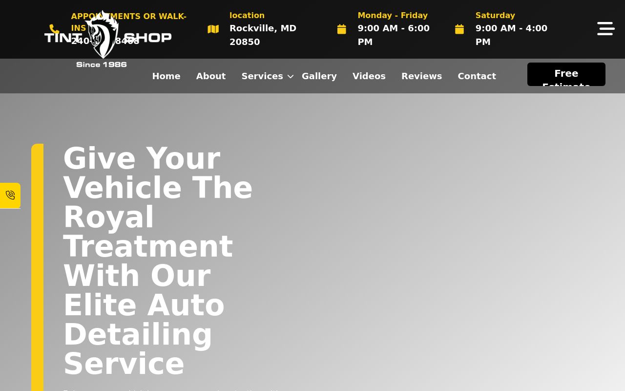 Homepage of Tint Shop 1986's website