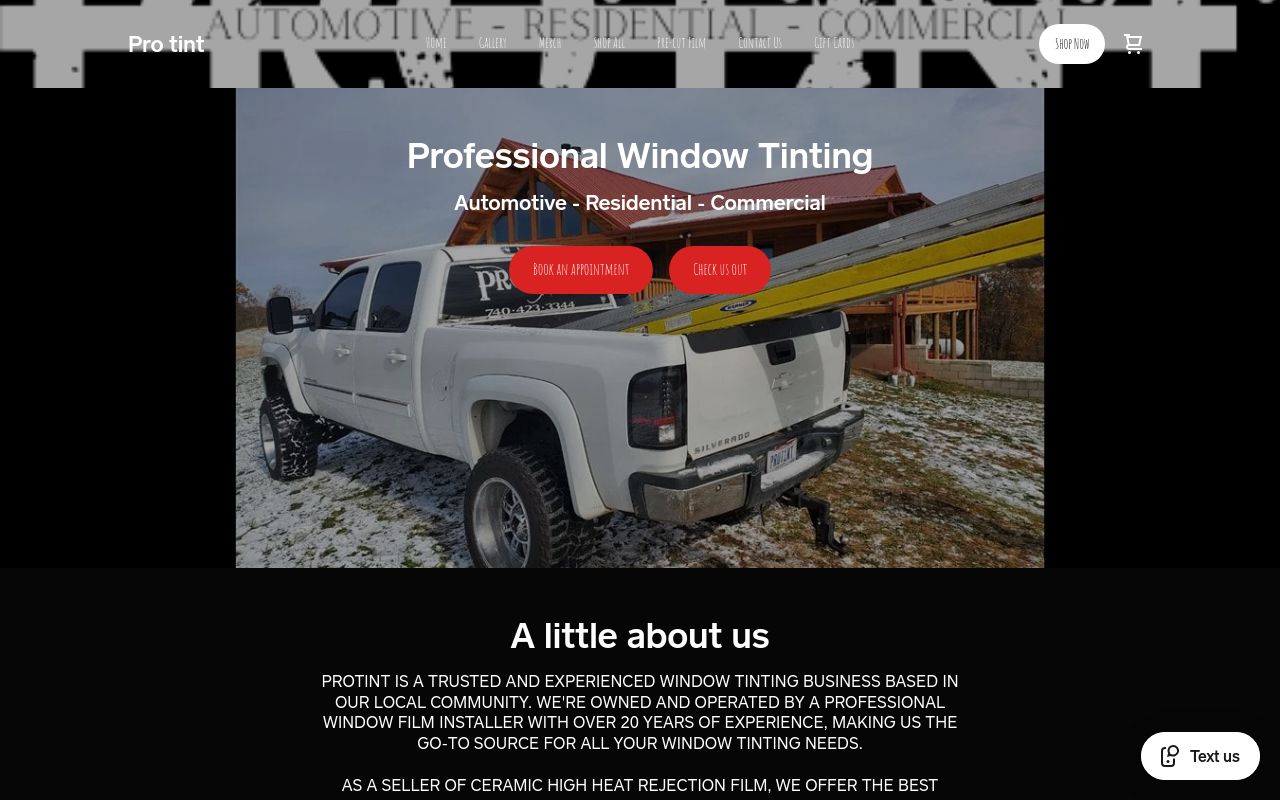 Homepage of Pro tint llc's website