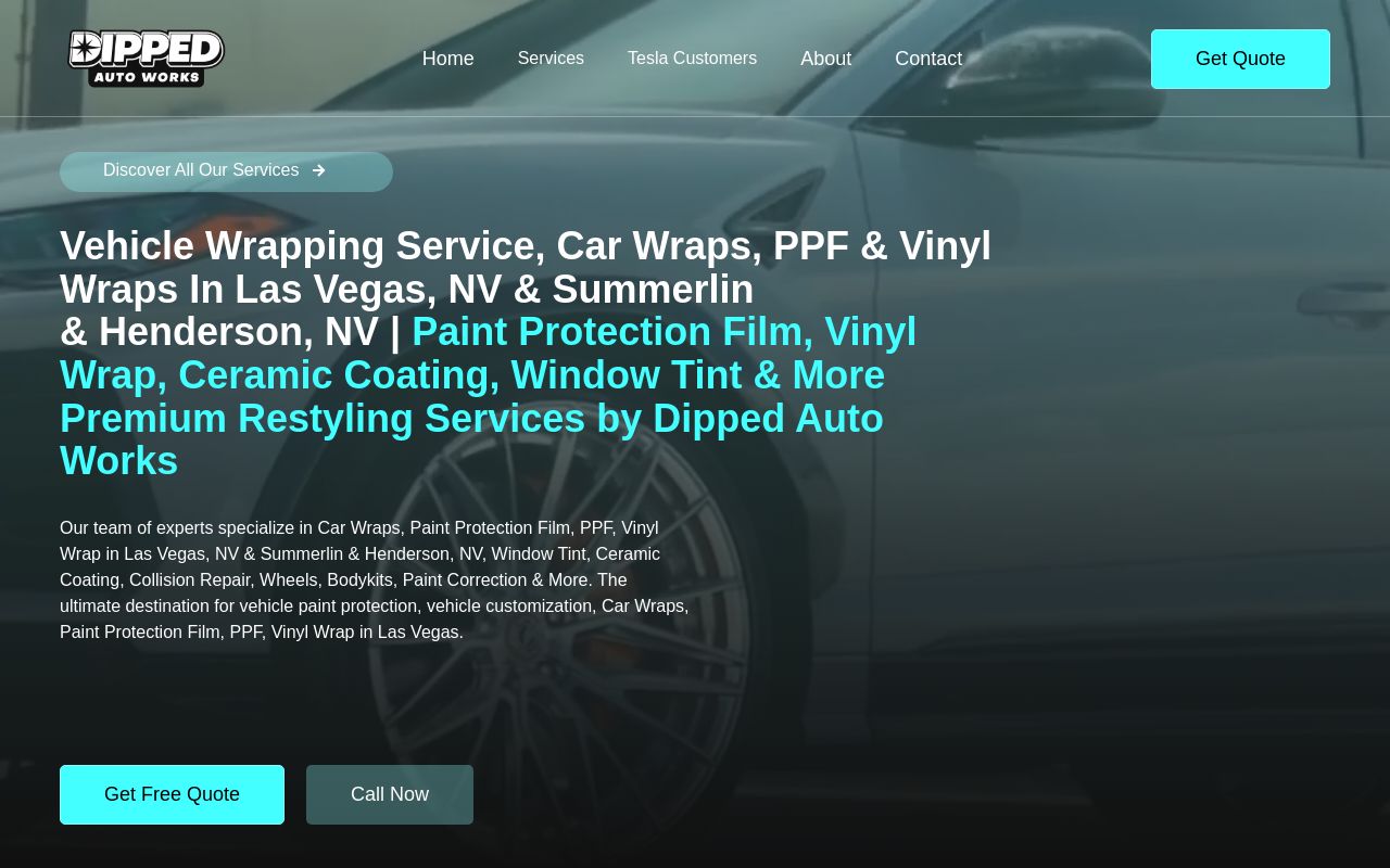 Homepage of Dipped Auto Works - Car Wraps, PPF, Coatings, Tint & Collision Repair's website