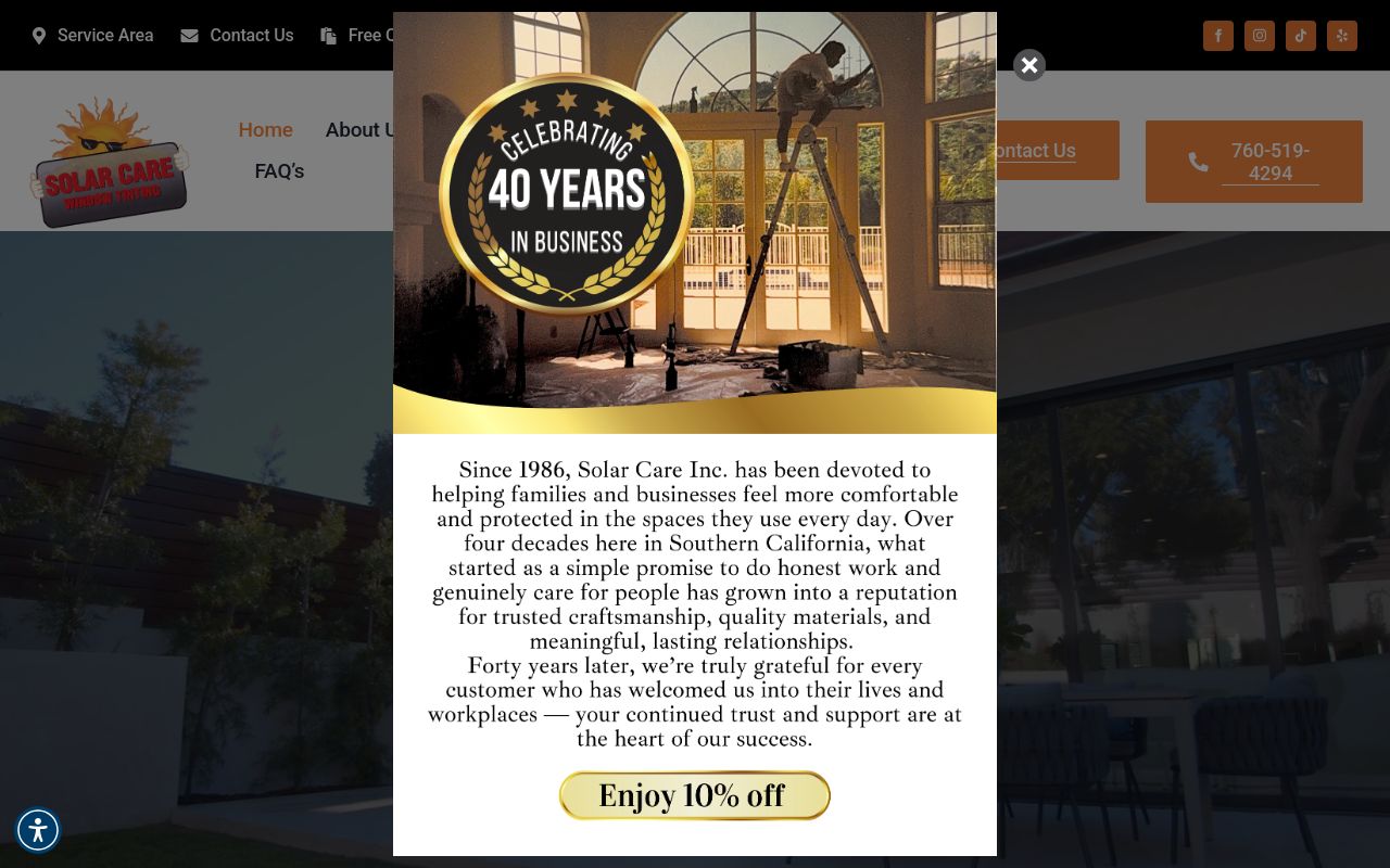Homepage of Solar Care Window Tinting's website