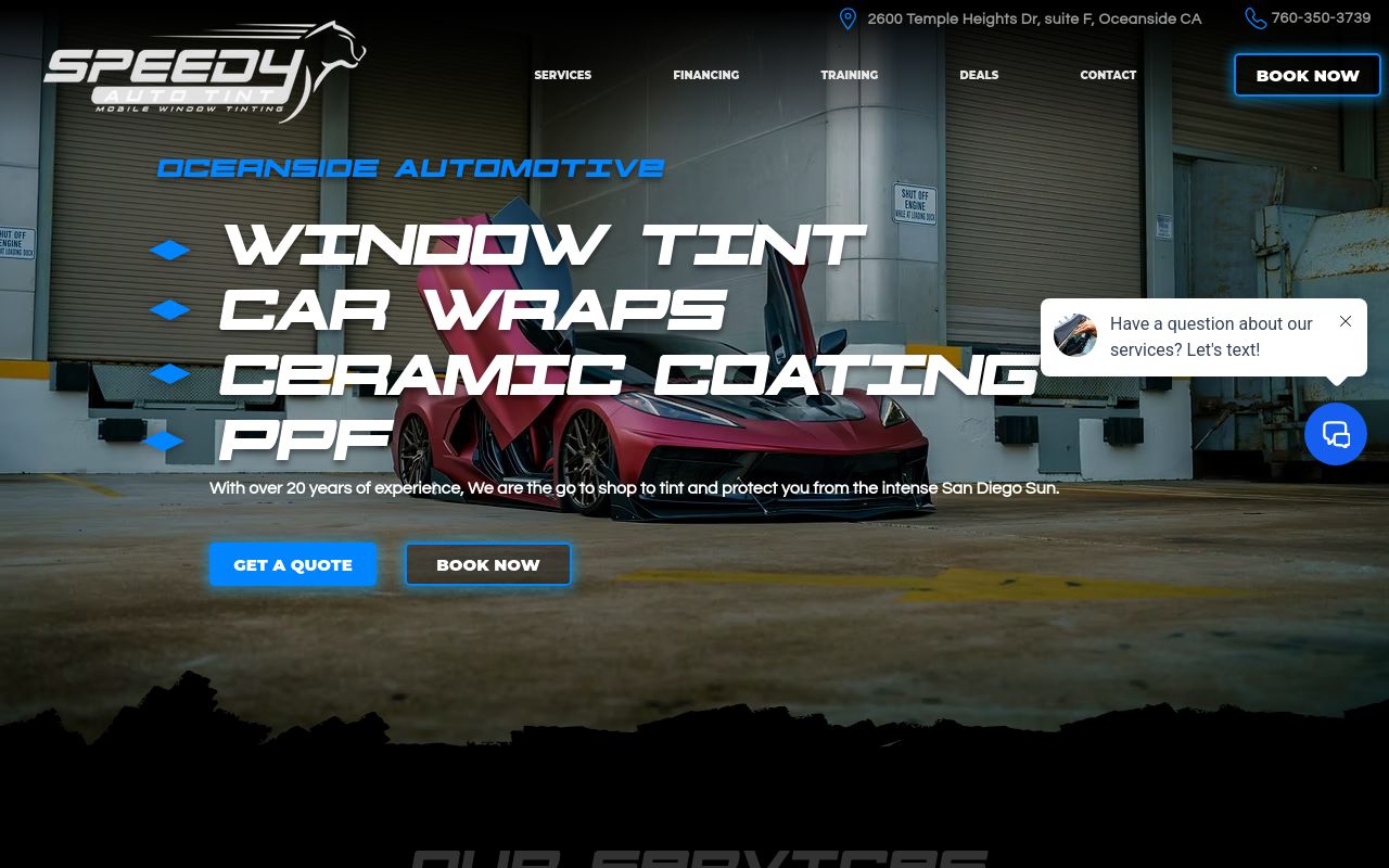 Homepage of Speedy Auto Tint Oceanside's website