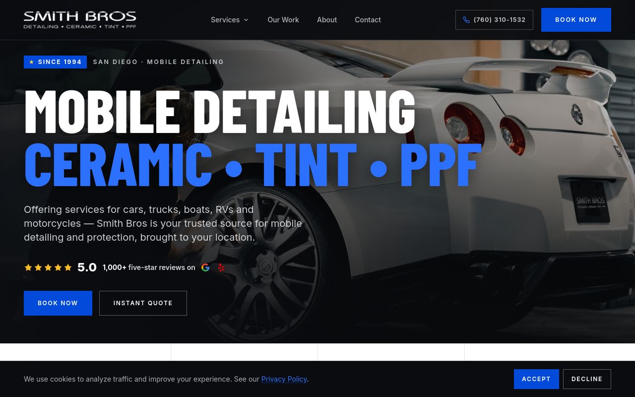 Homepage of Smith Bros Mobile Detailing, Ceramic, Tint, & PPF's website
