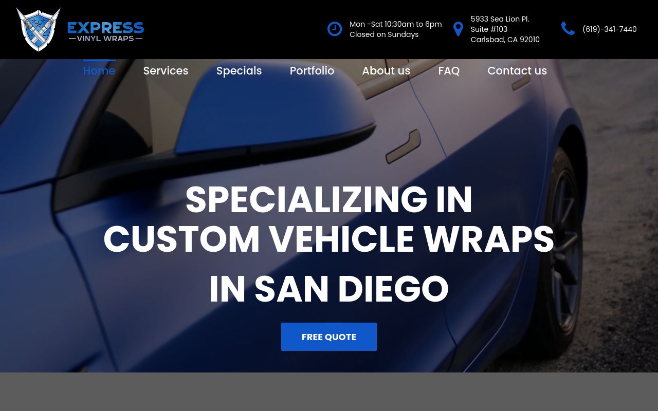 Homepage of Express Vinyl Wraps's website
