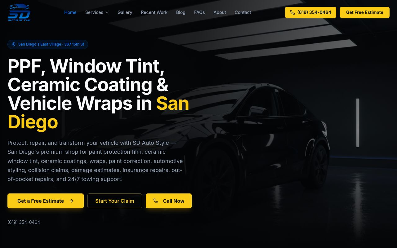 Homepage of SD Auto Style's website