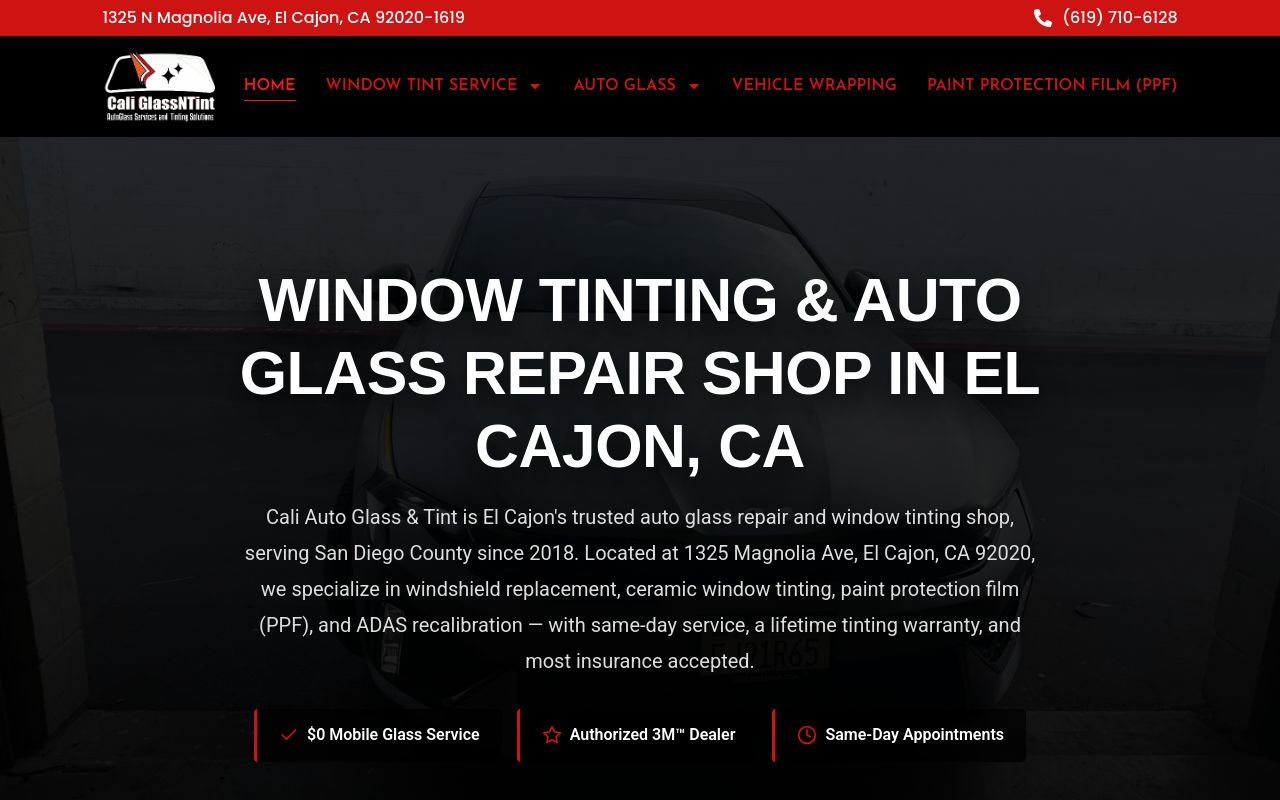 Homepage of Cali Auto Glass & Tint's website