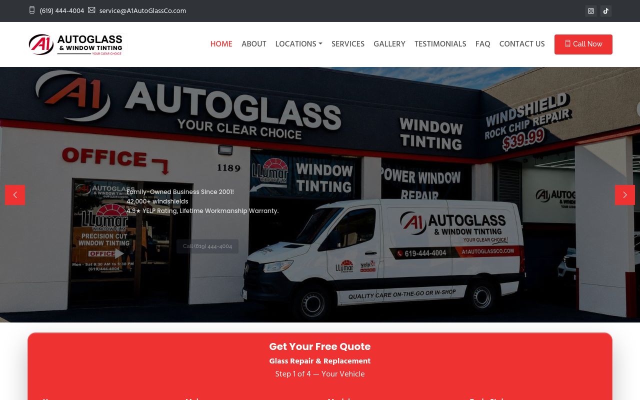 Homepage of A1 Auto Glass & Window Tinting's website