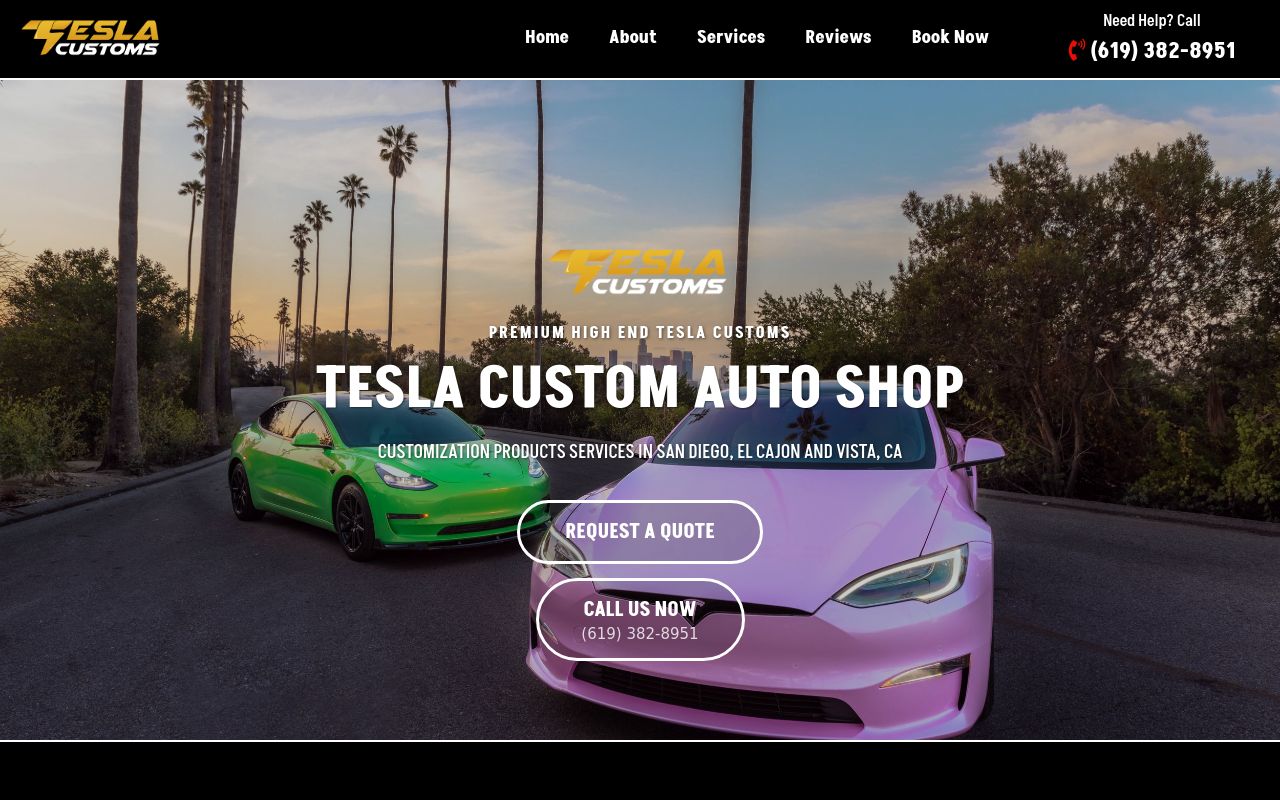 Homepage of Tesla Wraps Window Tint PPF Powder Coating's website
