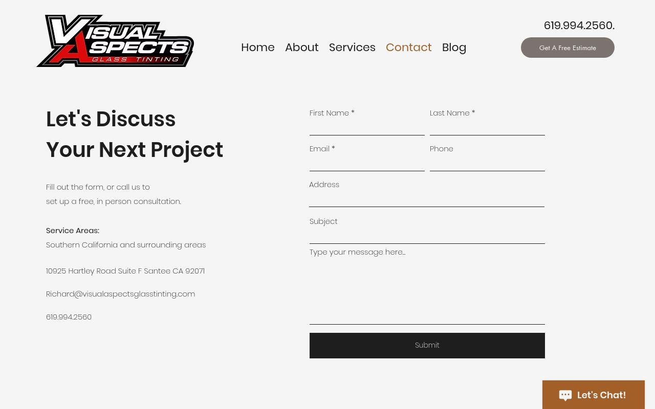 Homepage of Visual Aspects Glass Tinting | Window Tinting's website