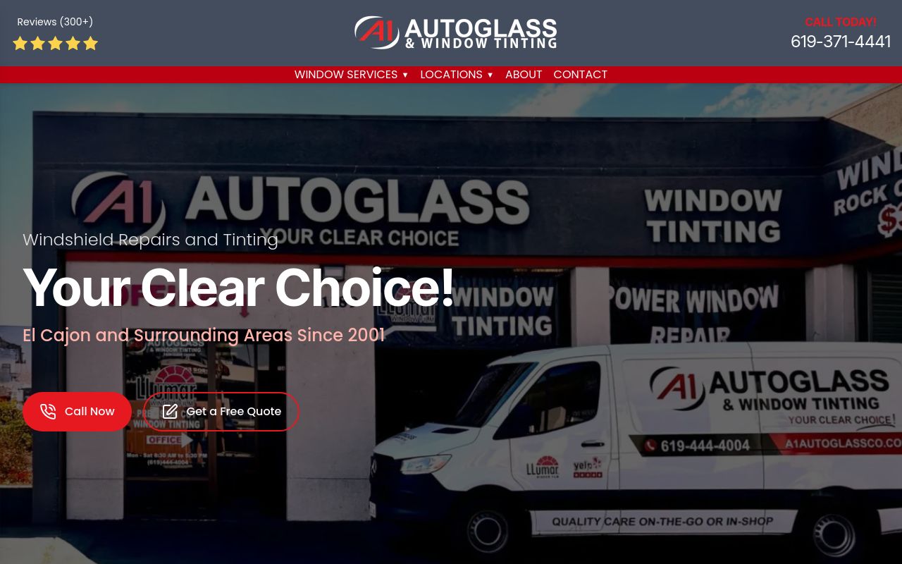 Homepage of A1 Auto Glass & Window Tinting's website