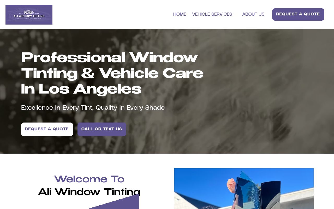 Homepage of Ali Window Tinting's website