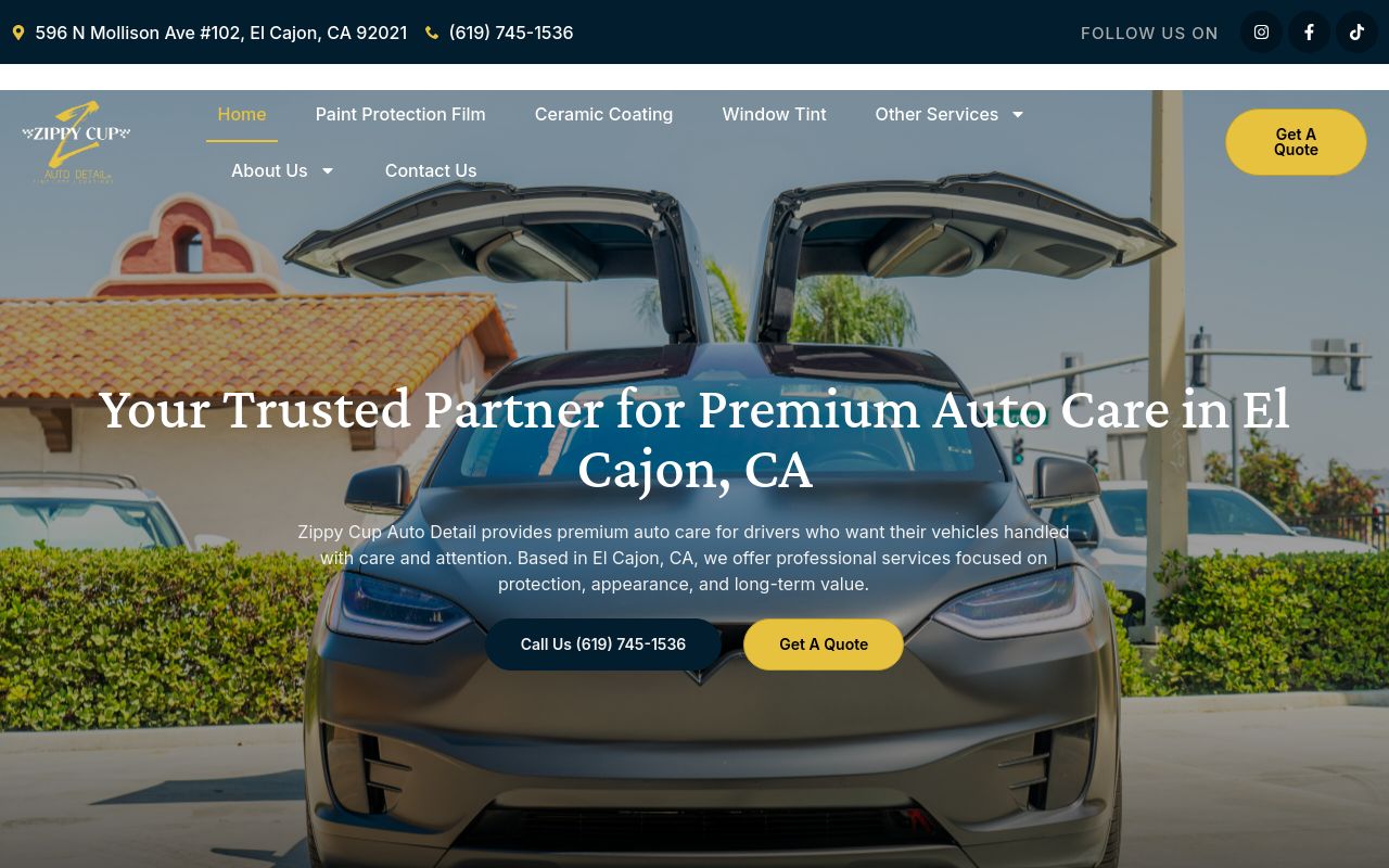 Homepage of Zippy Cup Auto Detail San Diego's website