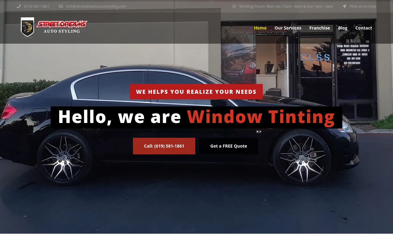Homepage of Street Dreams Auto Styling's website