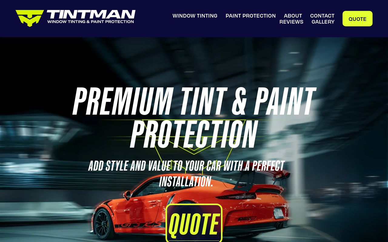 Homepage of Tintman Window Tinting & Paint Protection's website