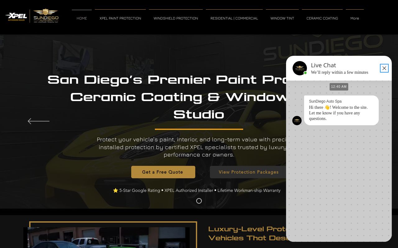Homepage of SunDiego Auto Spa | XPEL PPF San Diego's website