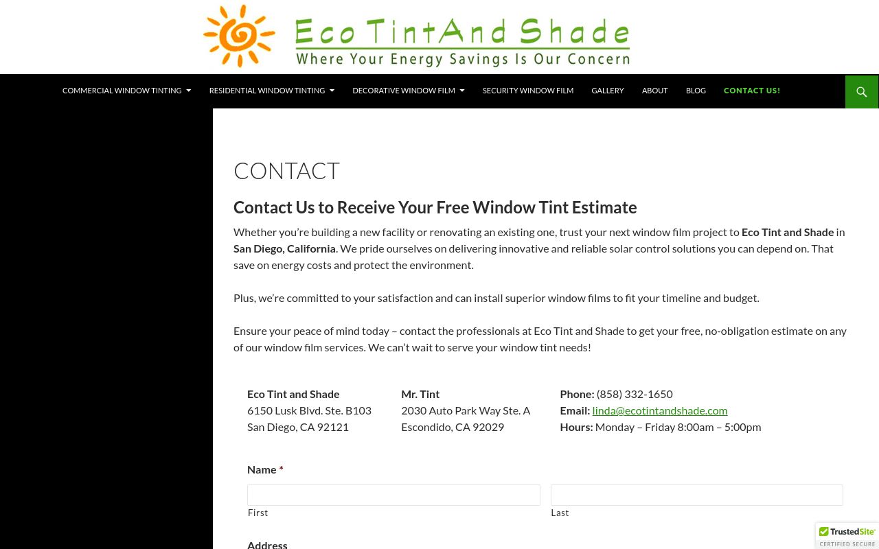Homepage of Eco Tint and Shade's website