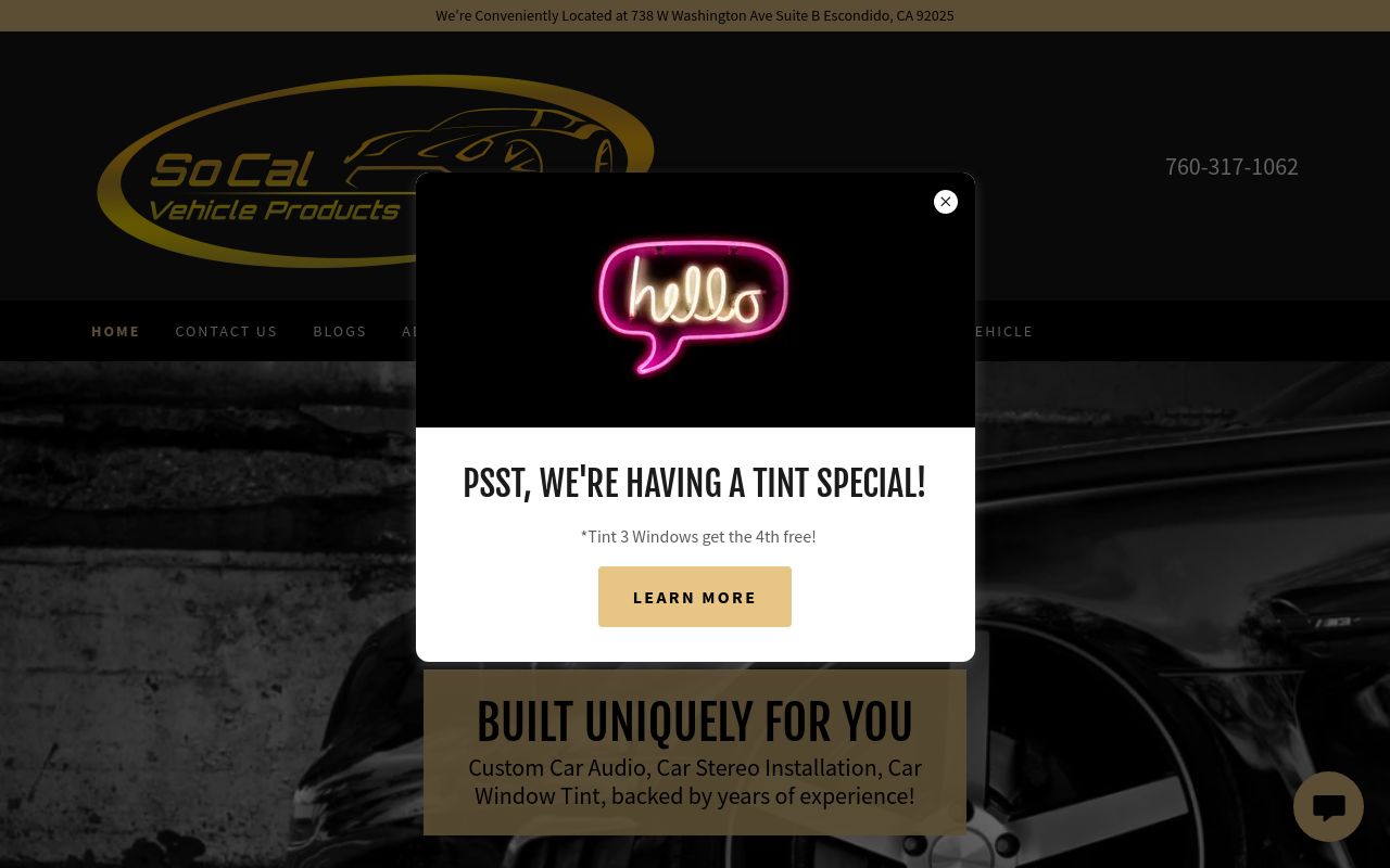 Homepage of SoCal Vehicle Products's website