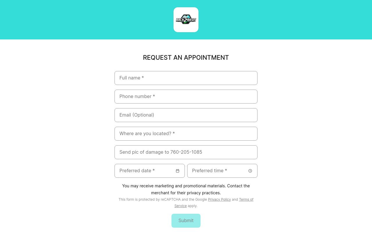 Homepage of Back2Basis Mobile Windshield Repair's website