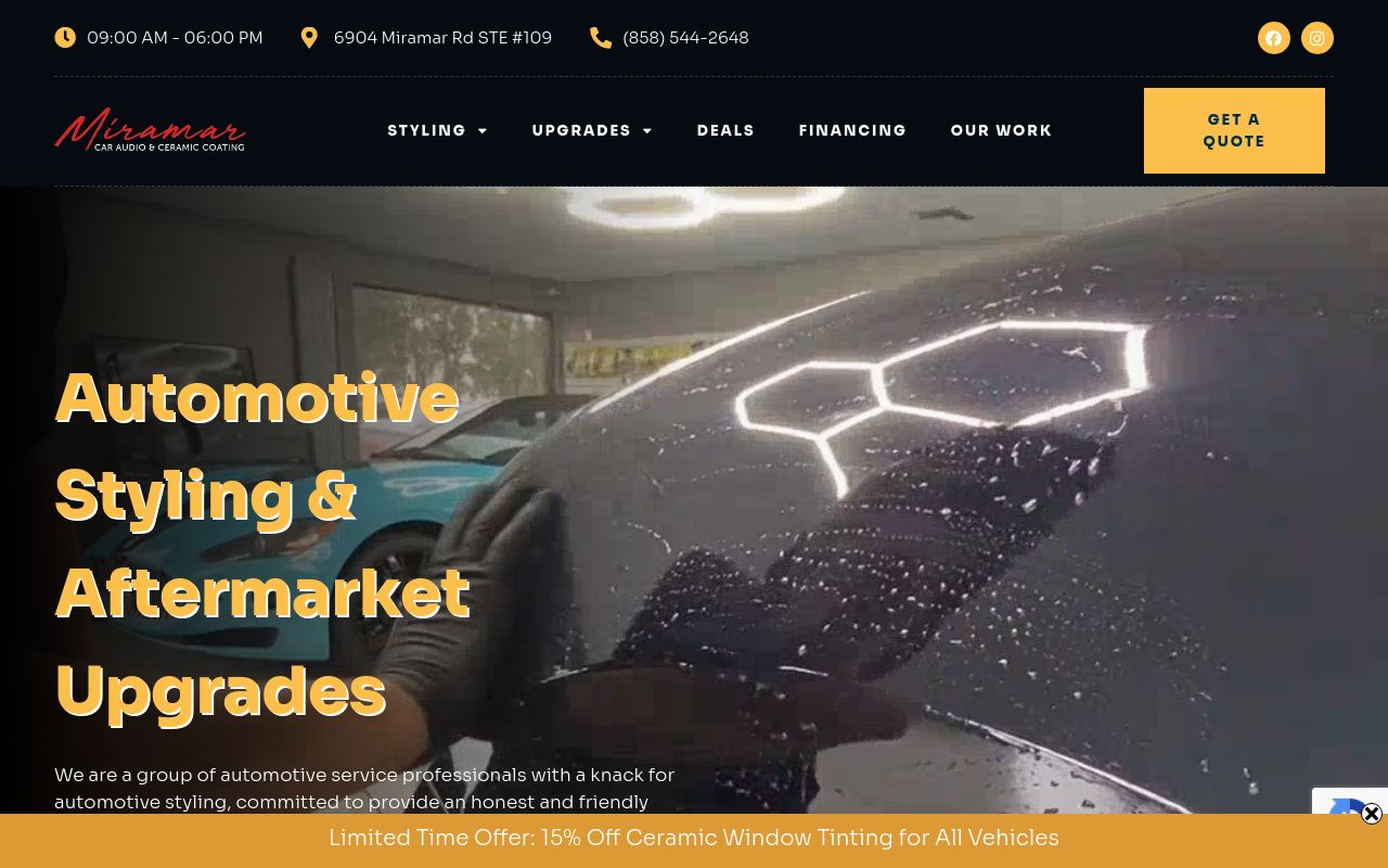Homepage of Miramar Car Audio and Ceramic Coating's website