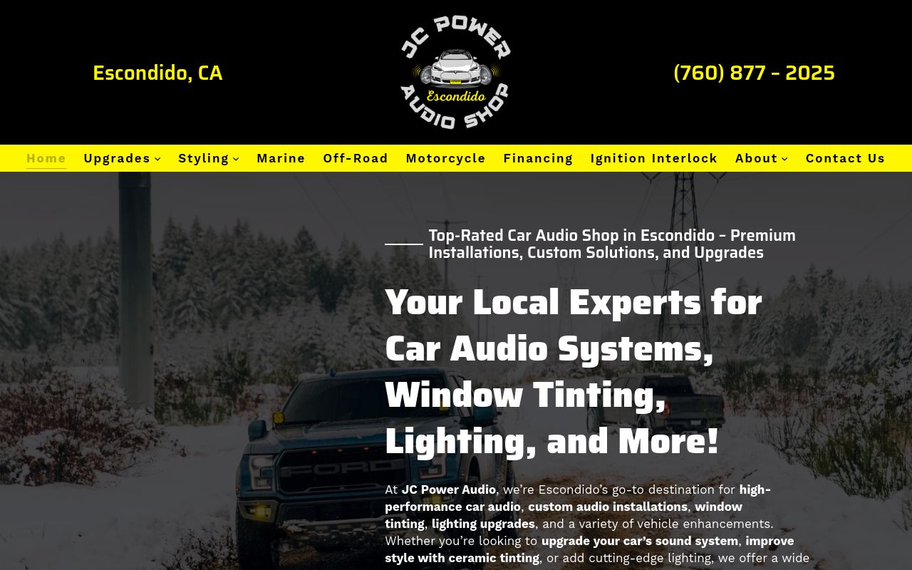 Homepage of JC Power Audio Shop Escondido's website