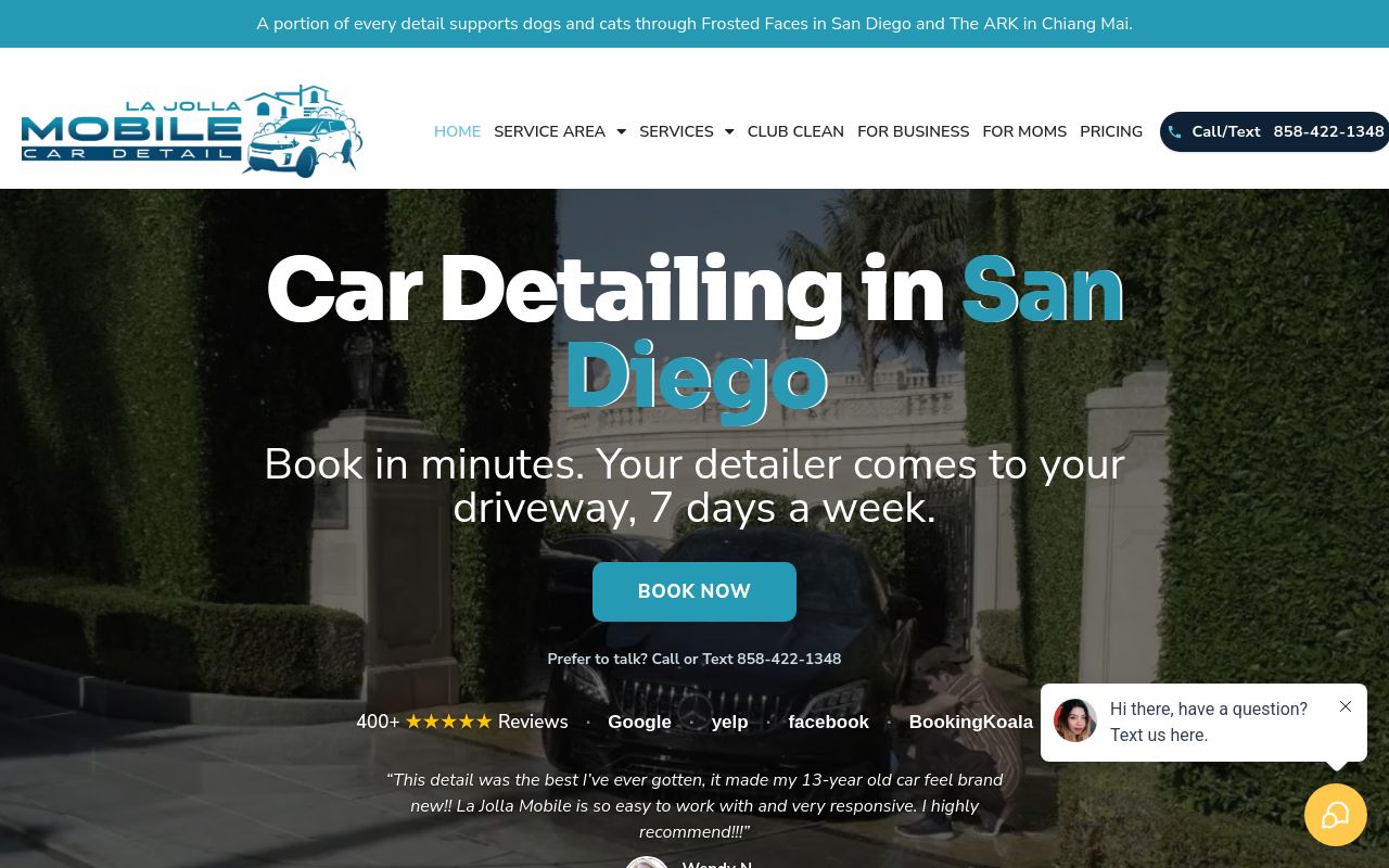 Homepage of La Jolla Mobile Car Detail San Diego's website
