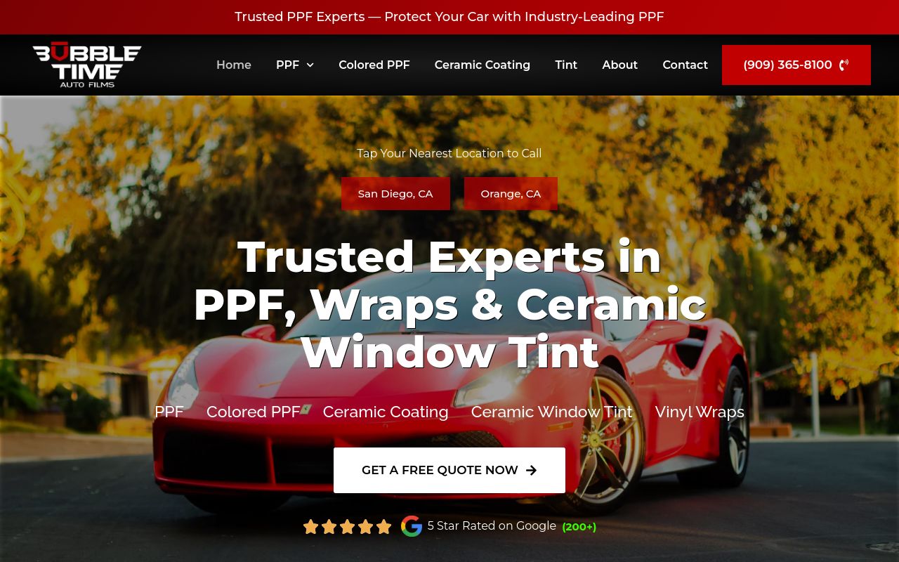 Homepage of BubbleTime Auto Films SD's website