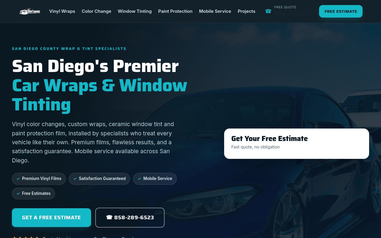 Homepage of San Diego Car Wrap & Window Tinting's website