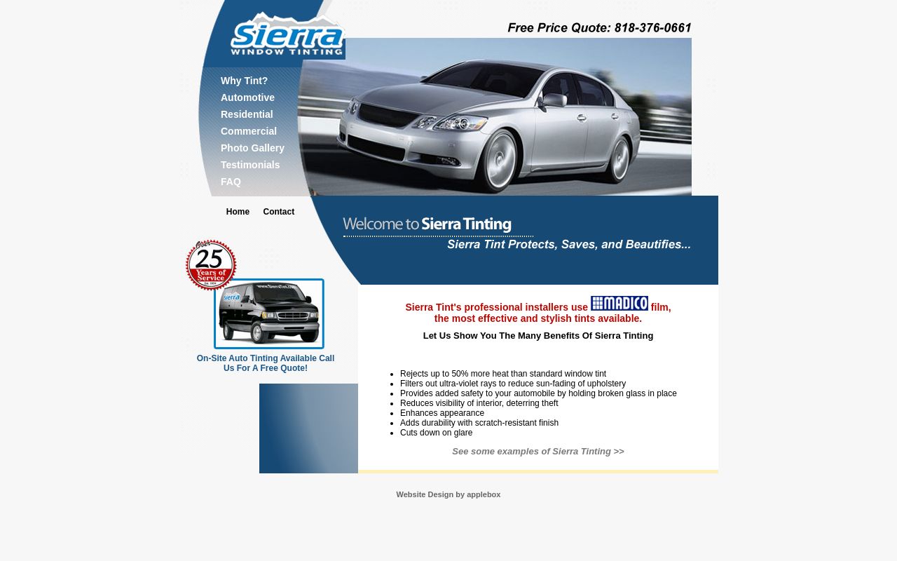 Homepage of Sierra Window Tinting's website