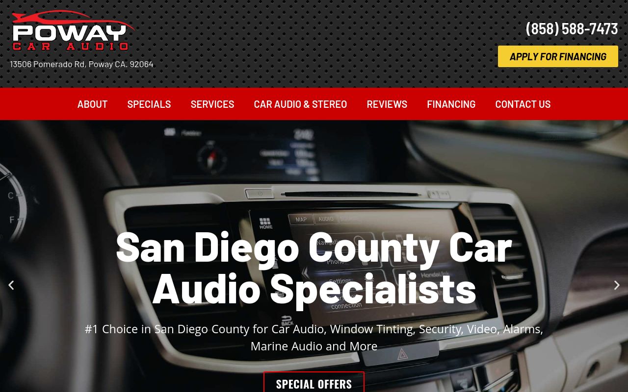 Homepage of Poway Car Audio, Window Tinting & Marine's website