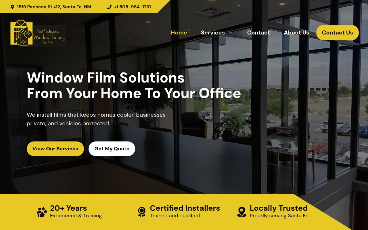 Homepage of Sol Solutions Window Tinting LLC's website