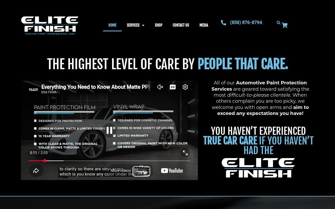 Homepage of Elite Finish's website