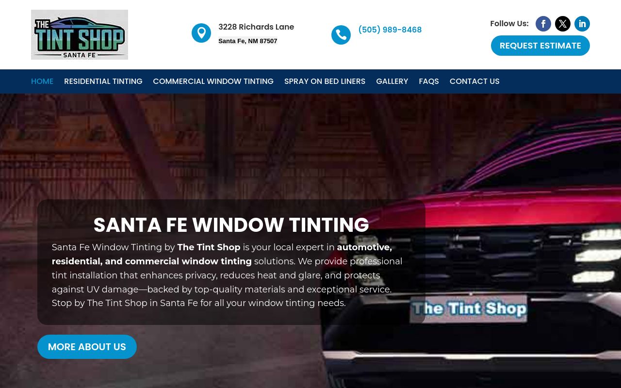 Homepage of The Tint Shop's website