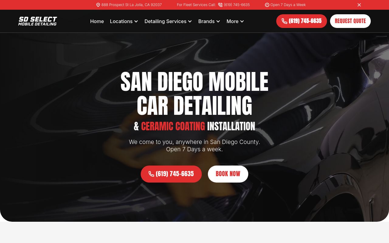 Homepage of San Diego Select Car Detailing's website