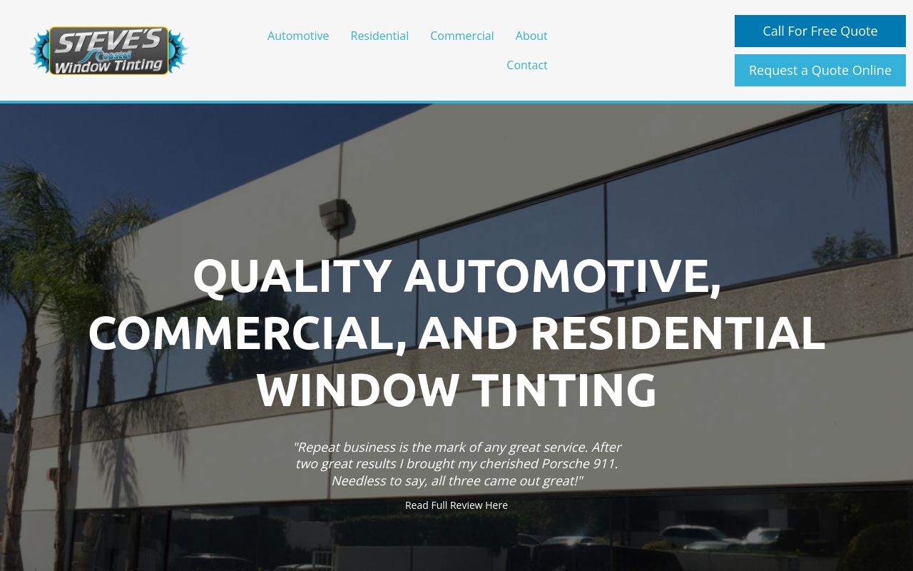 Homepage of Steve's Coastal Window Tinting's website