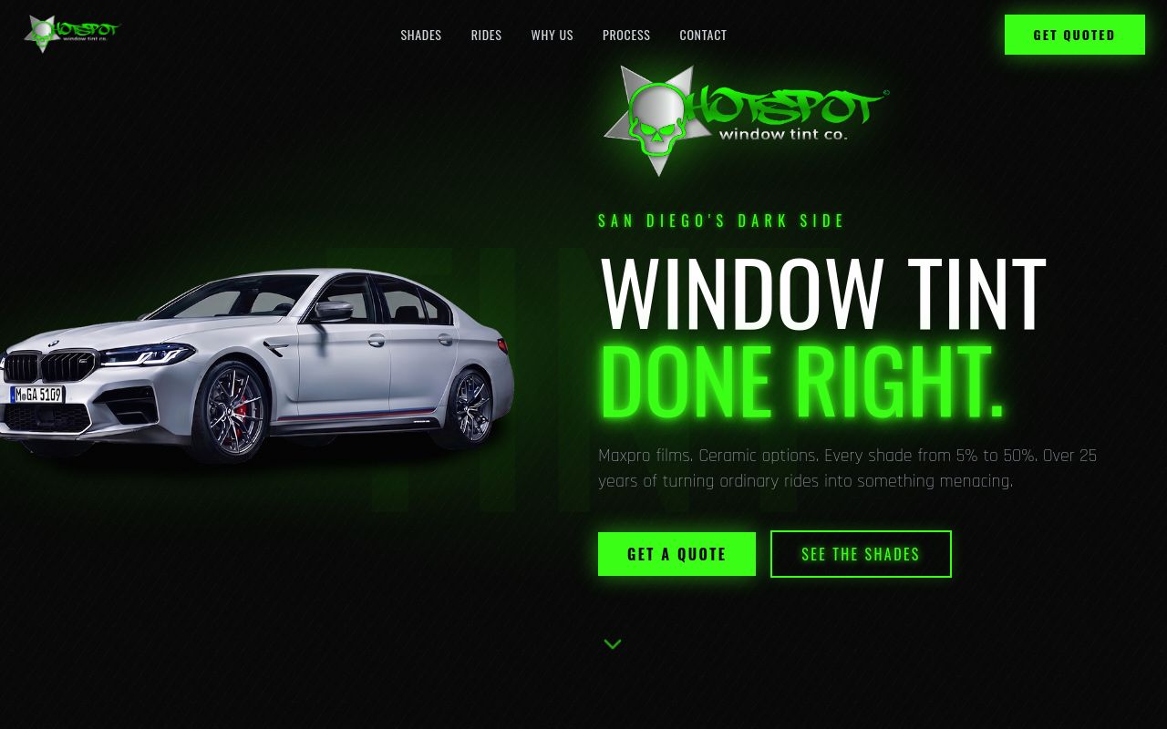 Homepage of Hot Spot Window Tinting's website