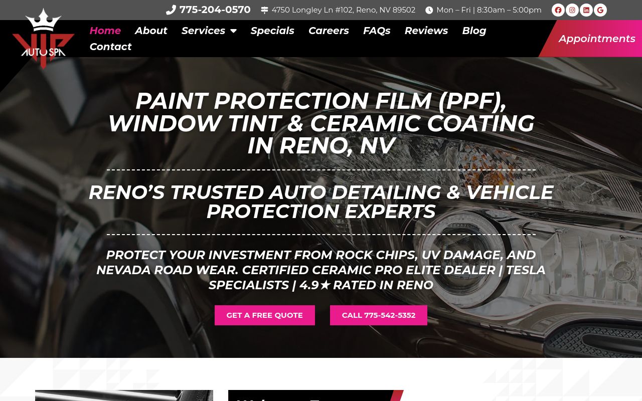 Homepage of VIP Auto Spa's website