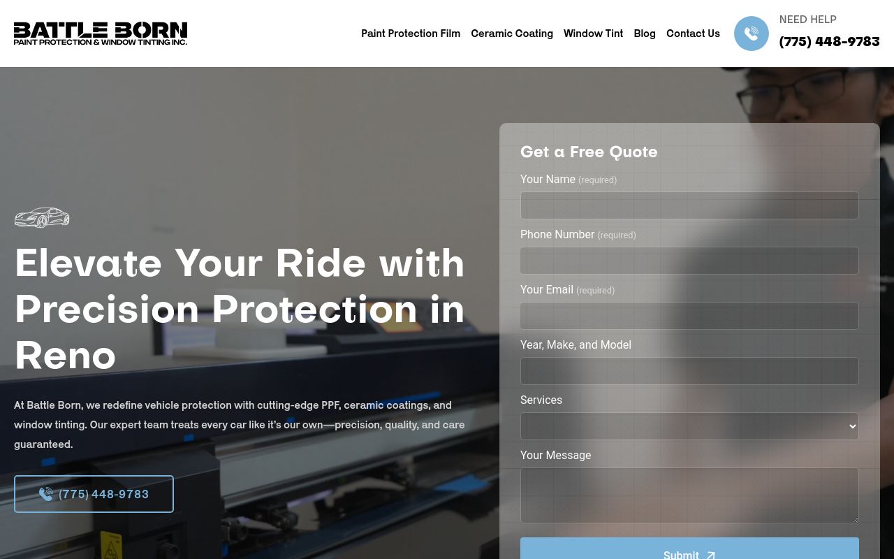 Homepage of BATTLE BORN PAINT PROTECTION AND WINDOW TINTING's website