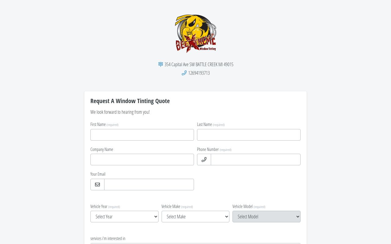 Homepage of Bee Xtreme Window Tinting's website