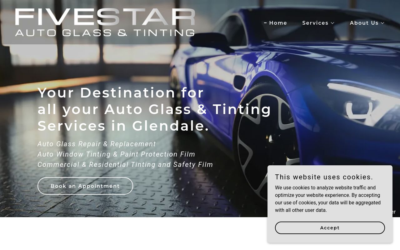 Homepage of Five Star Auto Glass & Window Tinting's website