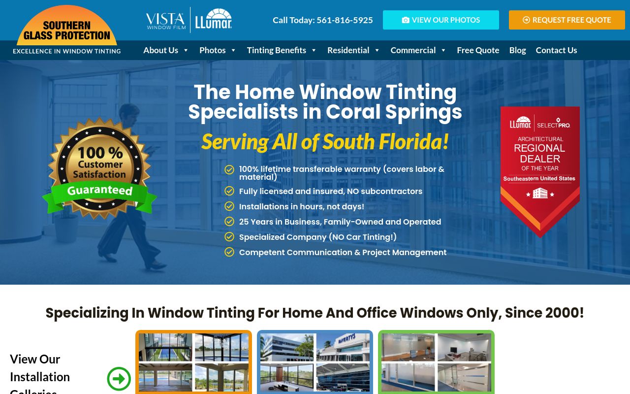 Homepage of Southern Glass Protection's website