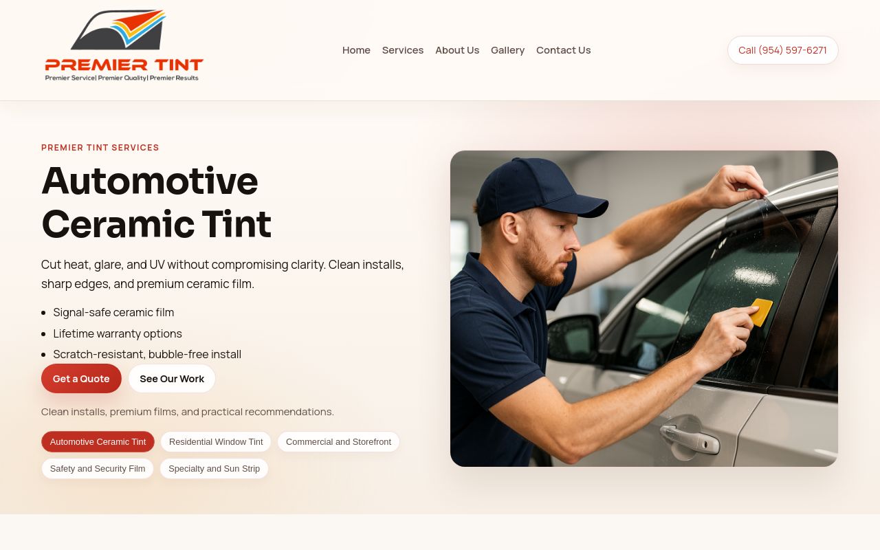 Homepage of Premier Tint's website