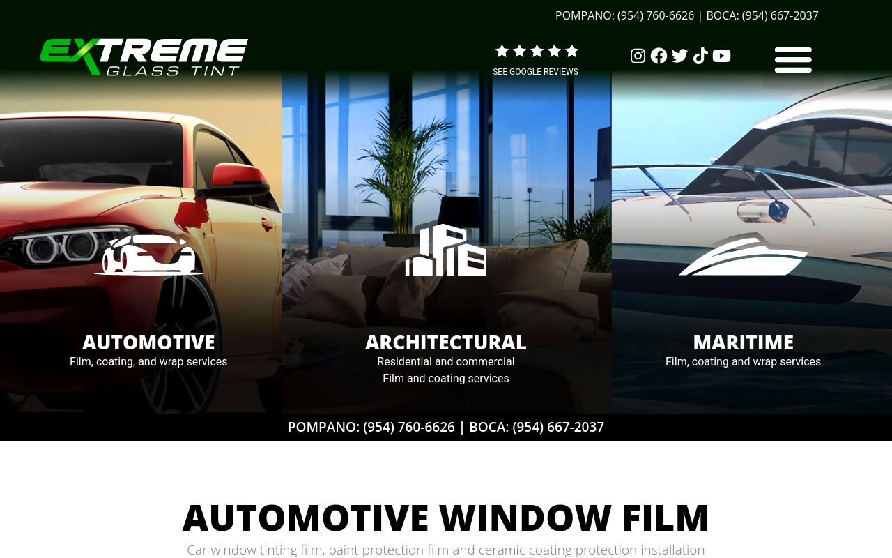 Homepage of Extreme Glass Tint/ window tinting service/ Margate's website