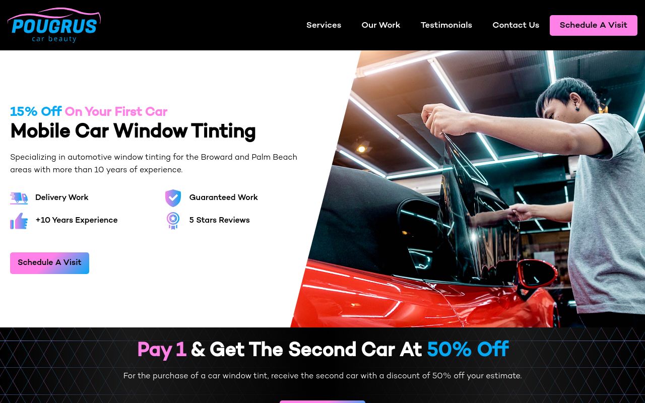 Homepage of POUGRUS WINDOW TINTING's website