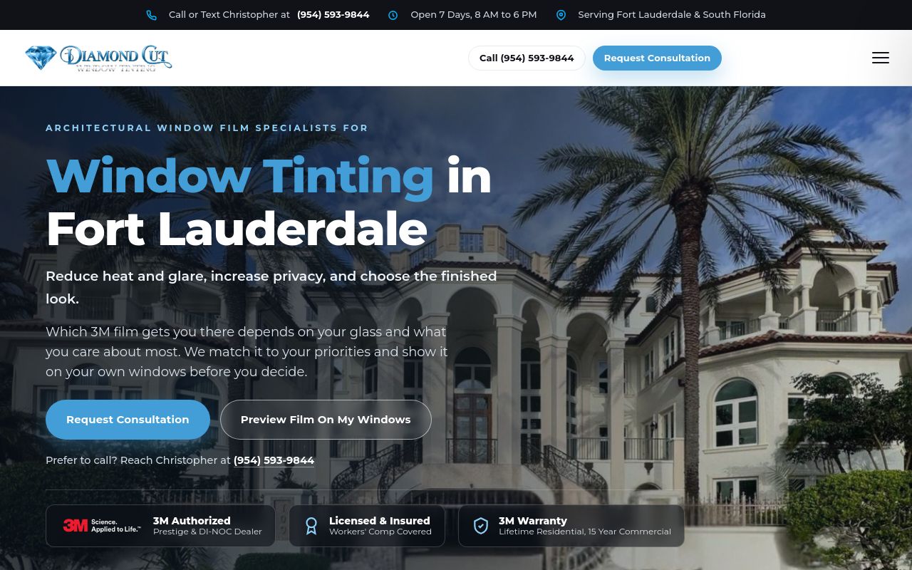 Homepage of Diamond Cut Window Tinting's website