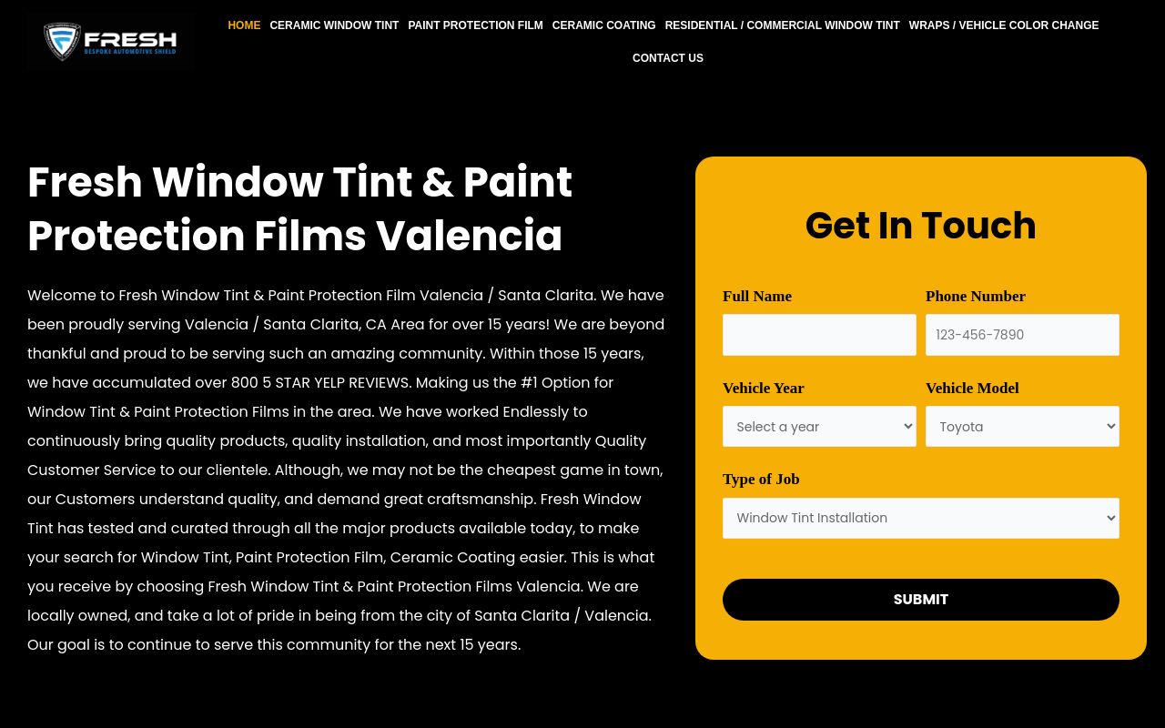 Homepage of Fresh Window Tint And Paint Protection Films Valencia's website