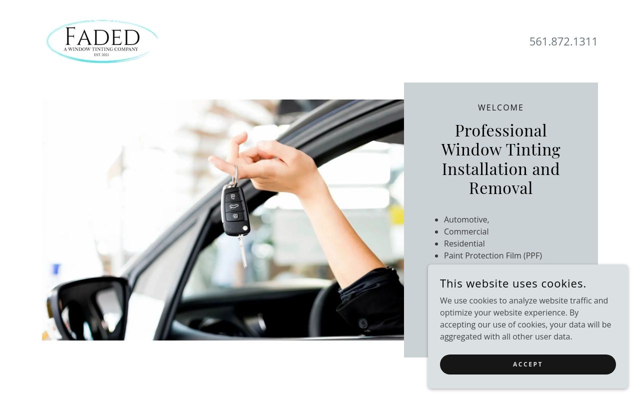 Homepage of FADED - A Window Tinting Company's website