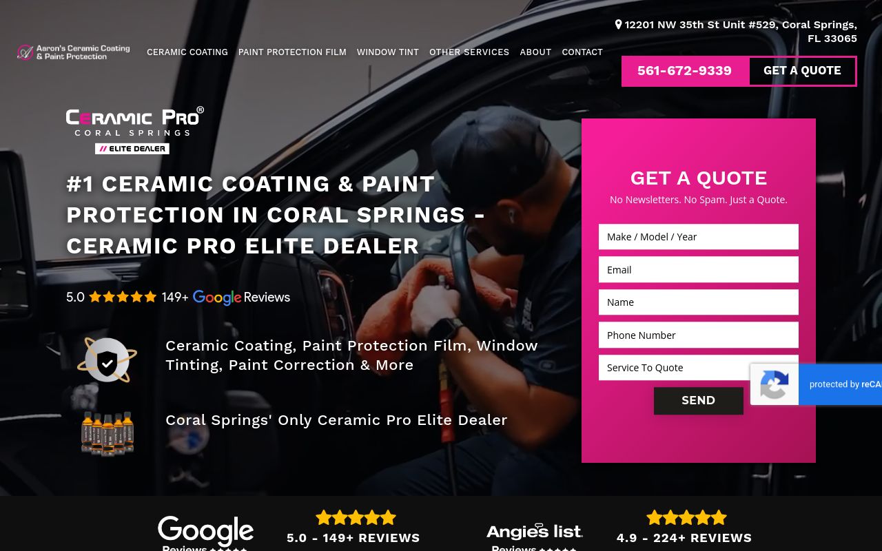 Homepage of Aaron's Ceramic Coating & Paint Protection's website