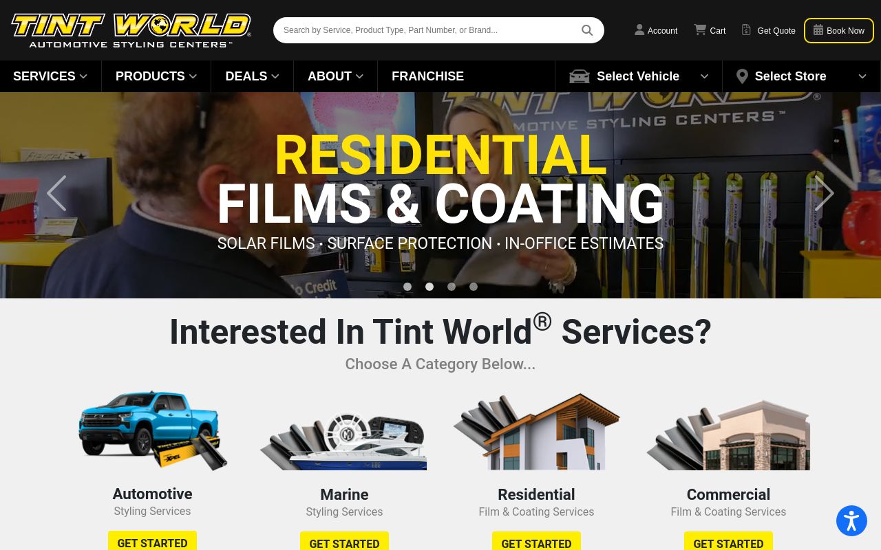 Homepage of Tint World's website